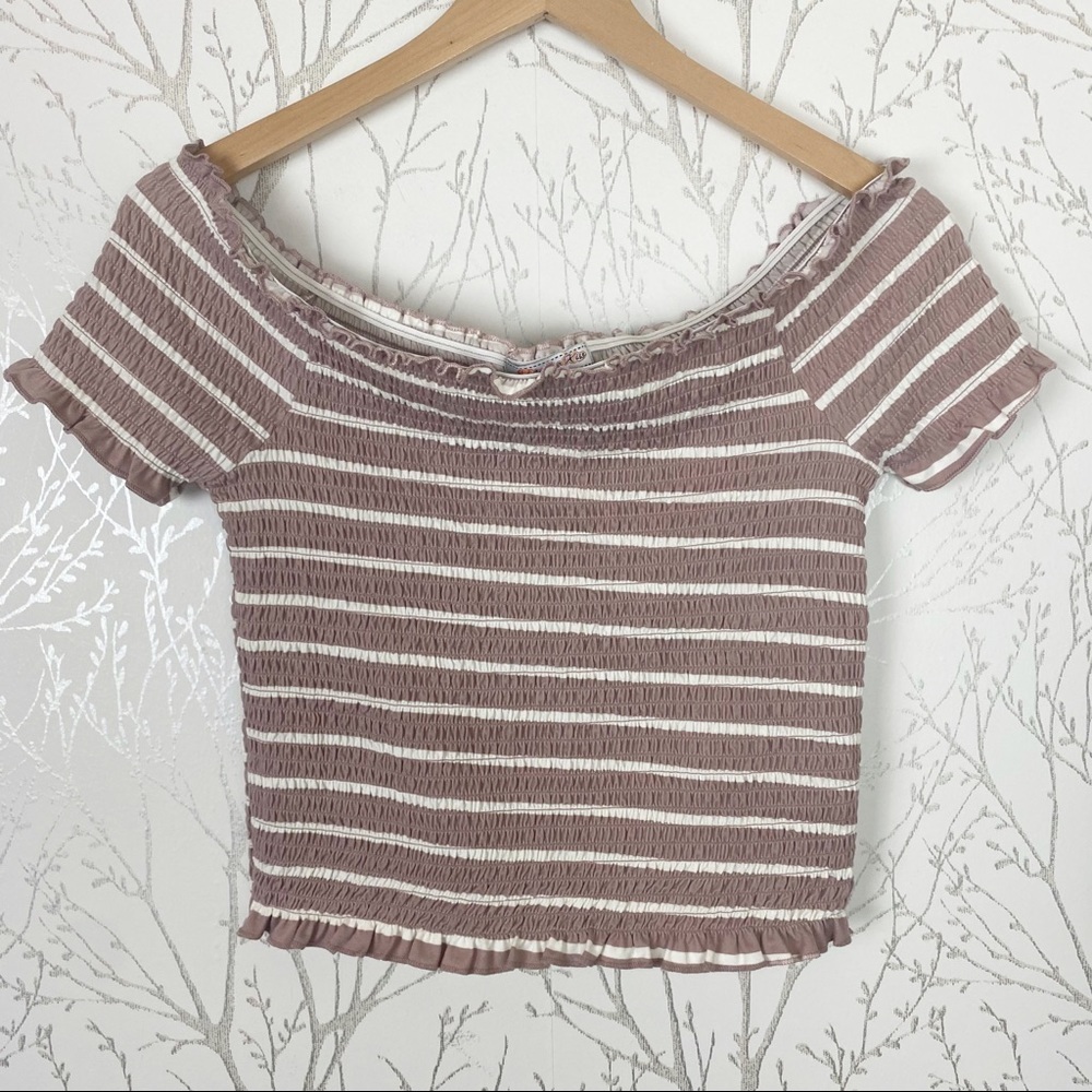 Y2K 2000’s Off-Shoulder Shirred Striped Crop Top by Orange Kiss XL